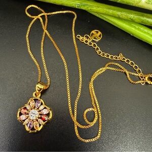 Signed Gold-tone Multicolored CZ Marquise Gemstones Flower Pendant Necklace 3.8g